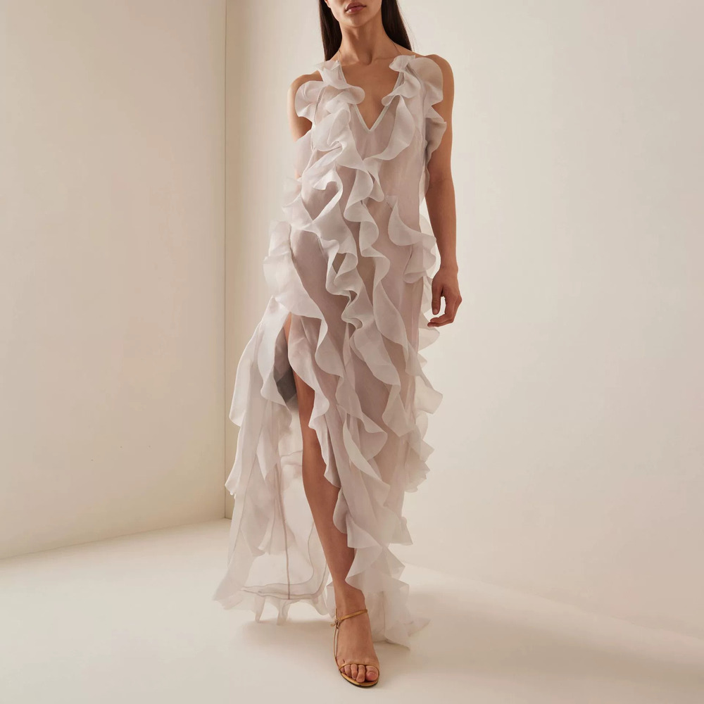 ZARA Sexy Deep Sheer Spaghetti Strap Maxi Dress Slit Ruffle Asymmetric Hem
